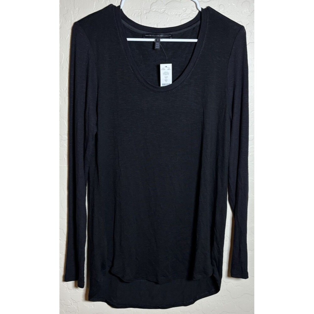 White House Black Market Womens S Black Long Sleeve Tee Ribbed High Low NWT